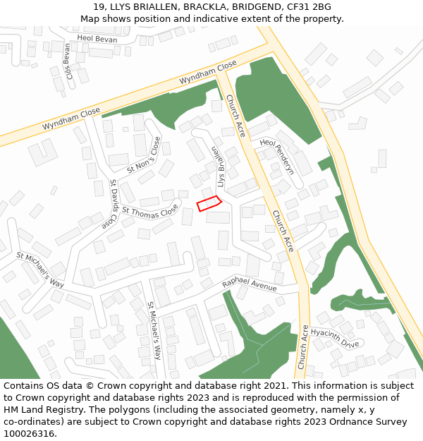 19, LLYS BRIALLEN, BRACKLA, BRIDGEND, CF31 2BG: Location map and indicative extent of plot