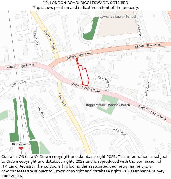 19, LONDON ROAD, BIGGLESWADE, SG18 8ED: Location map and indicative extent of plot