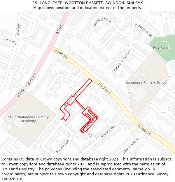 19, LONGLEAZE, WOOTTON BASSETT, SWINDON, SN4 8AX: Location map and indicative extent of plot