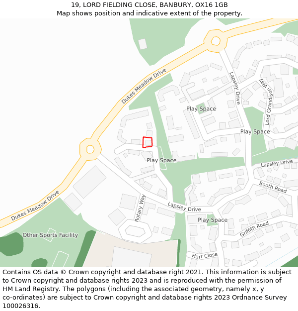 19, LORD FIELDING CLOSE, BANBURY, OX16 1GB: Location map and indicative extent of plot