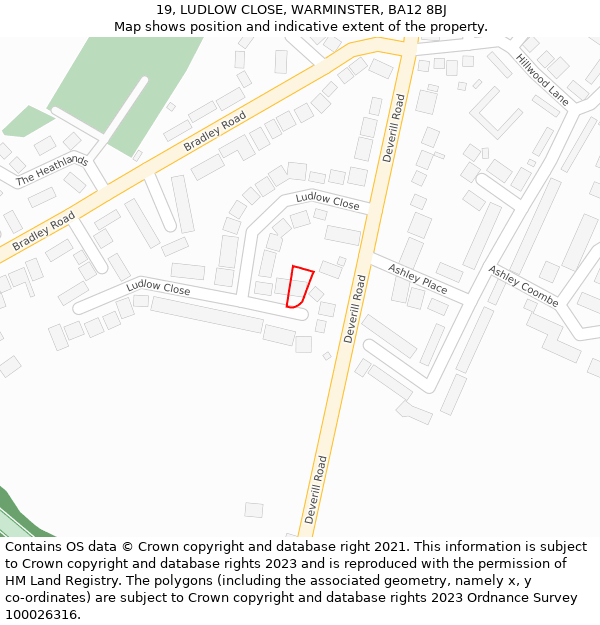 19, LUDLOW CLOSE, WARMINSTER, BA12 8BJ: Location map and indicative extent of plot