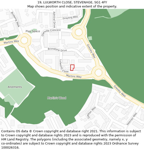 19, LULWORTH CLOSE, STEVENAGE, SG1 4FY: Location map and indicative extent of plot