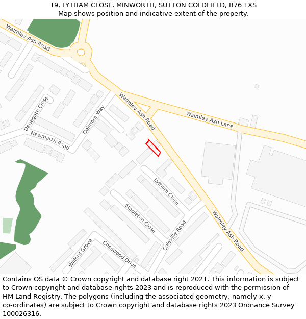 19, LYTHAM CLOSE, MINWORTH, SUTTON COLDFIELD, B76 1XS: Location map and indicative extent of plot