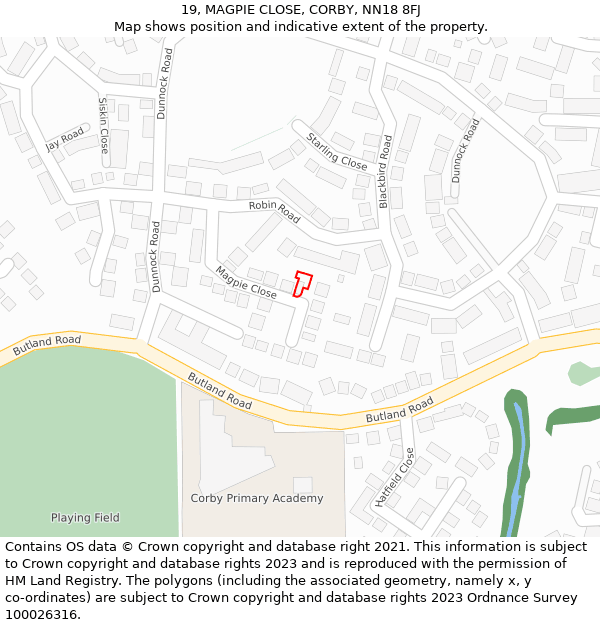 19, MAGPIE CLOSE, CORBY, NN18 8FJ: Location map and indicative extent of plot