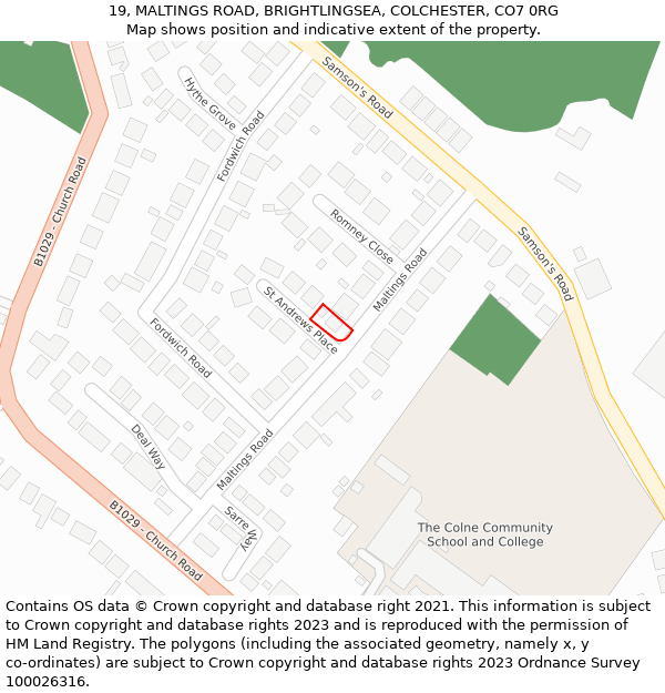 19, MALTINGS ROAD, BRIGHTLINGSEA, COLCHESTER, CO7 0RG: Location map and indicative extent of plot