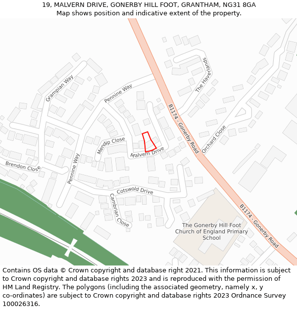 19, MALVERN DRIVE, GONERBY HILL FOOT, GRANTHAM, NG31 8GA: Location map and indicative extent of plot