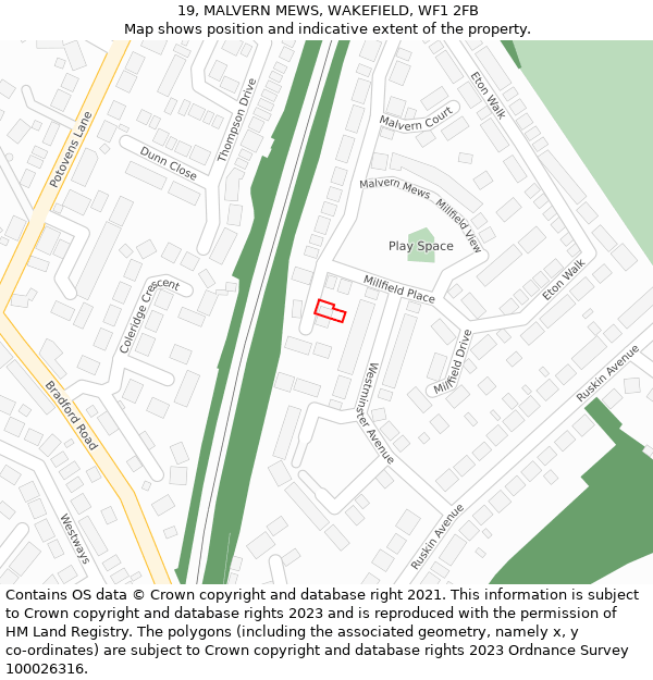 19, MALVERN MEWS, WAKEFIELD, WF1 2FB: Location map and indicative extent of plot