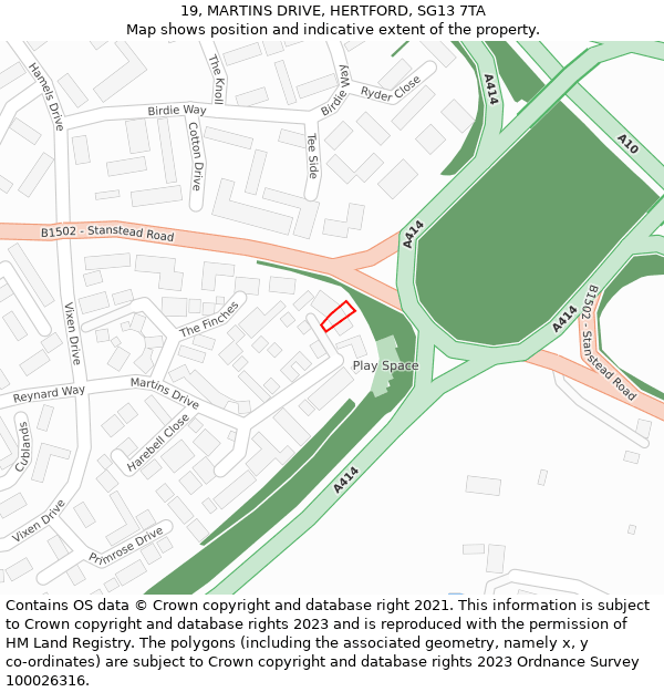 19, MARTINS DRIVE, HERTFORD, SG13 7TA: Location map and indicative extent of plot