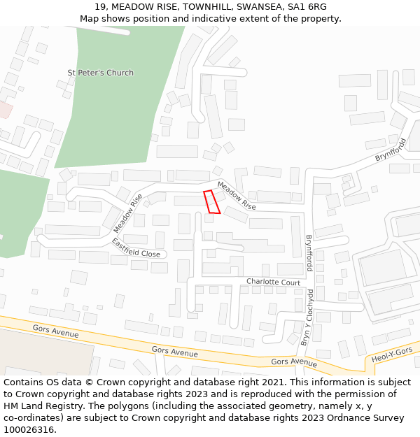 19, MEADOW RISE, TOWNHILL, SWANSEA, SA1 6RG: Location map and indicative extent of plot