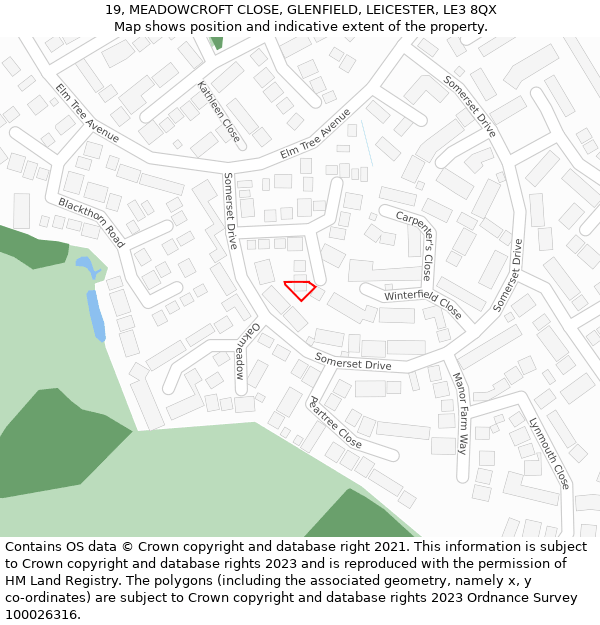 19, MEADOWCROFT CLOSE, GLENFIELD, LEICESTER, LE3 8QX: Location map and indicative extent of plot