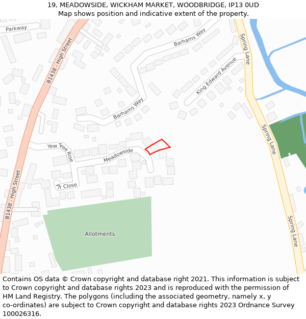 19, MEADOWSIDE, WICKHAM MARKET, WOODBRIDGE, IP13 0UD: Location map and indicative extent of plot