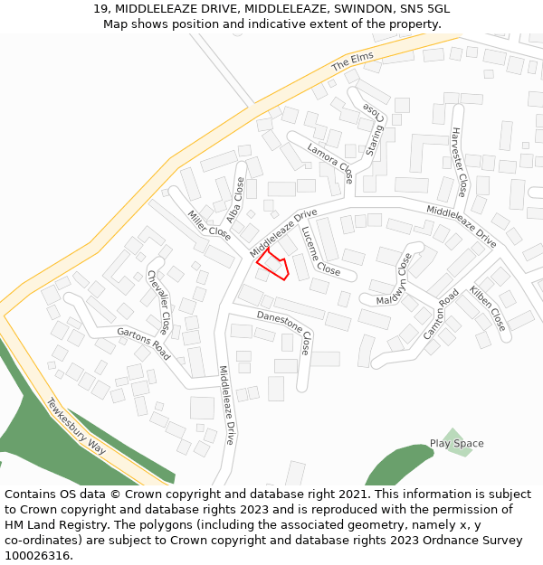 19, MIDDLELEAZE DRIVE, MIDDLELEAZE, SWINDON, SN5 5GL: Location map and indicative extent of plot