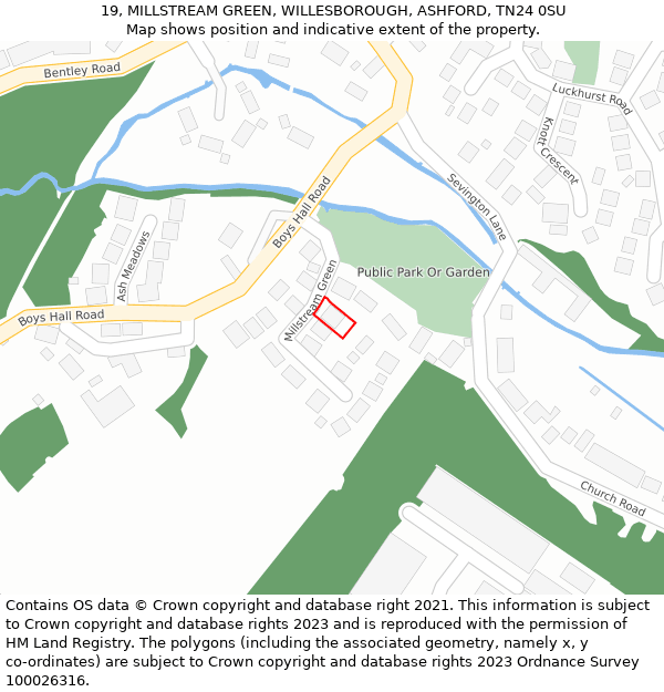 19, MILLSTREAM GREEN, WILLESBOROUGH, ASHFORD, TN24 0SU: Location map and indicative extent of plot