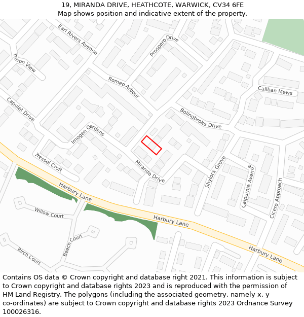 19, MIRANDA DRIVE, HEATHCOTE, WARWICK, CV34 6FE: Location map and indicative extent of plot