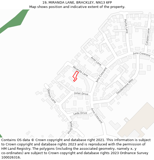 19, MIRANDA LANE, BRACKLEY, NN13 6FP: Location map and indicative extent of plot