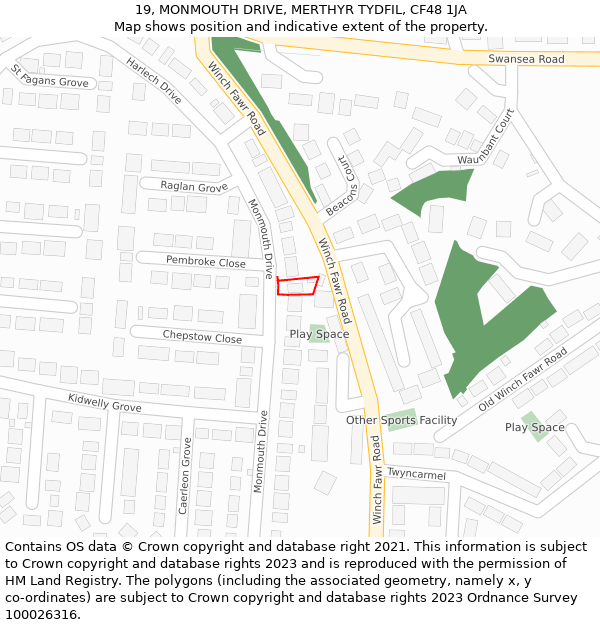 19, MONMOUTH DRIVE, MERTHYR TYDFIL, CF48 1JA: Location map and indicative extent of plot