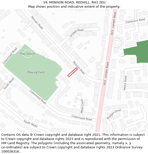 19, MONSON ROAD, REDHILL, RH1 2EU: Location map and indicative extent of plot