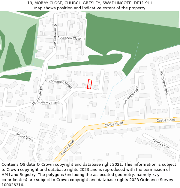 19, MORAY CLOSE, CHURCH GRESLEY, SWADLINCOTE, DE11 9HL: Location map and indicative extent of plot