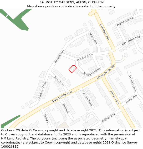 19, MOTLEY GARDENS, ALTON, GU34 2FN: Location map and indicative extent of plot