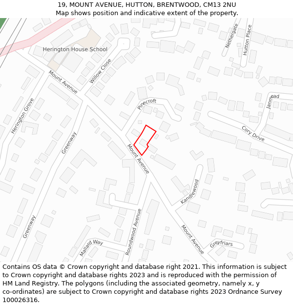 19, MOUNT AVENUE, HUTTON, BRENTWOOD, CM13 2NU: Location map and indicative extent of plot