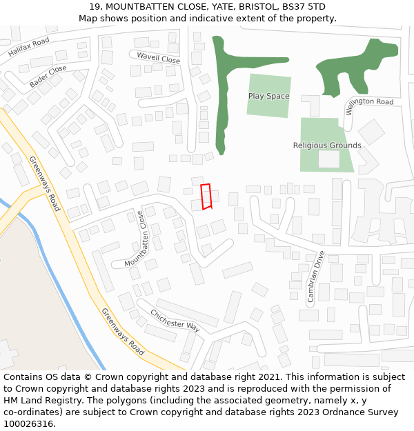 19, MOUNTBATTEN CLOSE, YATE, BRISTOL, BS37 5TD: Location map and indicative extent of plot