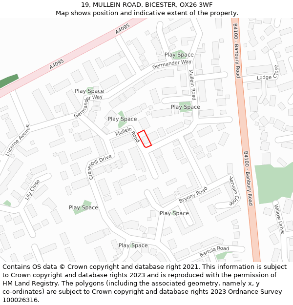 19, MULLEIN ROAD, BICESTER, OX26 3WF: Location map and indicative extent of plot