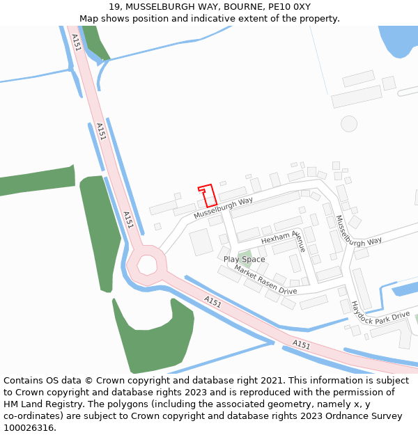 19, MUSSELBURGH WAY, BOURNE, PE10 0XY: Location map and indicative extent of plot