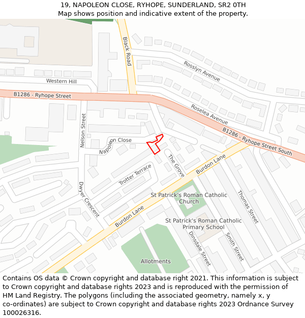 19, NAPOLEON CLOSE, RYHOPE, SUNDERLAND, SR2 0TH: Location map and indicative extent of plot