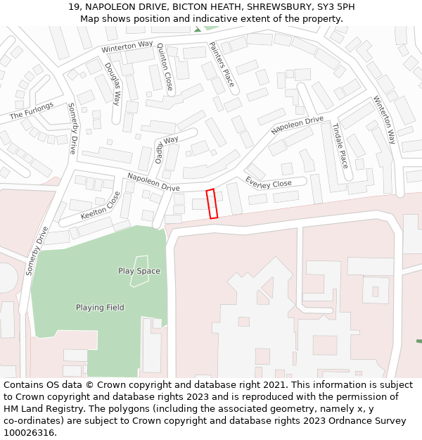 19, NAPOLEON DRIVE, BICTON HEATH, SHREWSBURY, SY3 5PH: Location map and indicative extent of plot