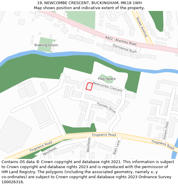 19, NEWCOMBE CRESCENT, BUCKINGHAM, MK18 1WH: Location map and indicative extent of plot