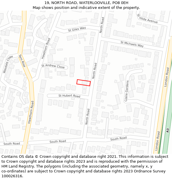 19, NORTH ROAD, WATERLOOVILLE, PO8 0EH: Location map and indicative extent of plot