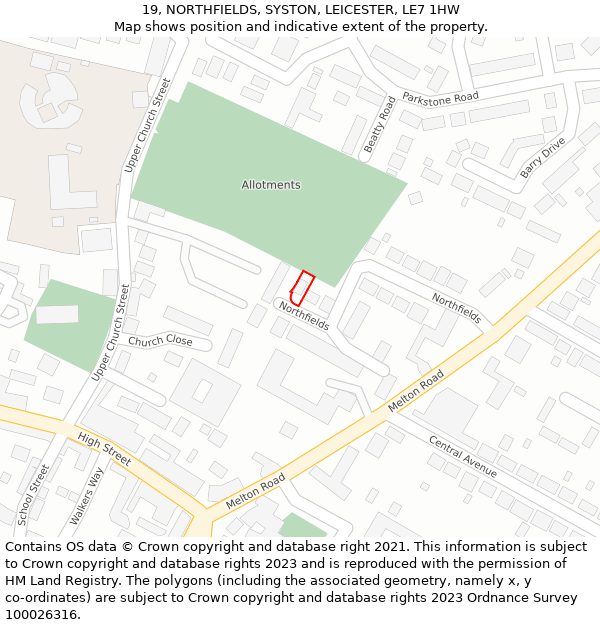 19, NORTHFIELDS, SYSTON, LEICESTER, LE7 1HW: Location map and indicative extent of plot