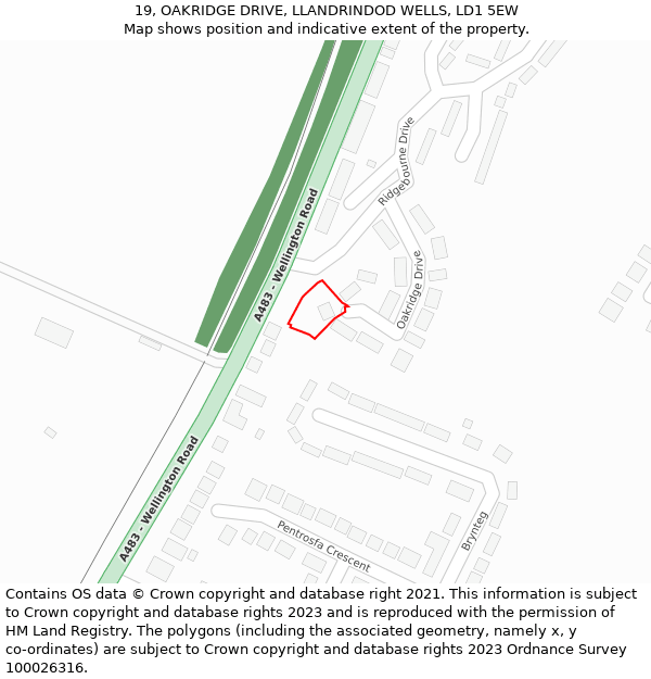 19, OAKRIDGE DRIVE, LLANDRINDOD WELLS, LD1 5EW: Location map and indicative extent of plot