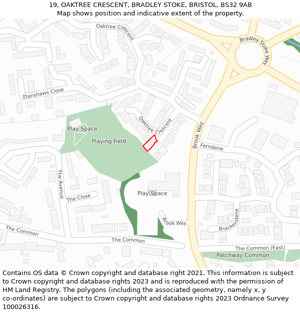 19, OAKTREE CRESCENT, BRADLEY STOKE, BRISTOL, BS32 9AB: Location map and indicative extent of plot