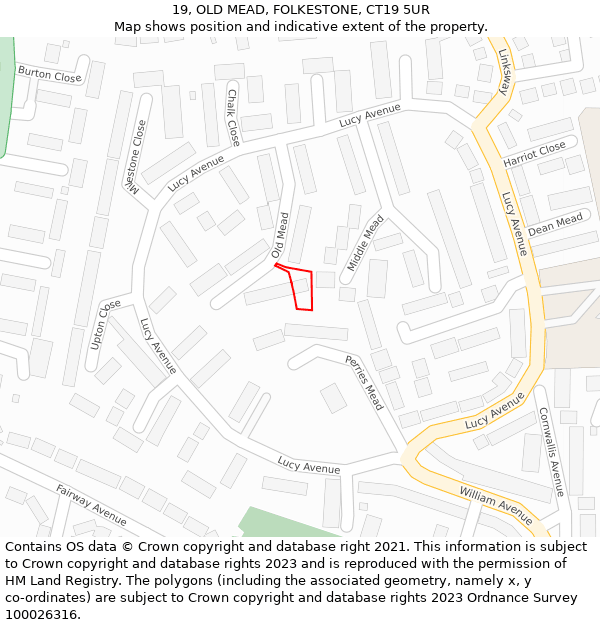 19, OLD MEAD, FOLKESTONE, CT19 5UR: Location map and indicative extent of plot