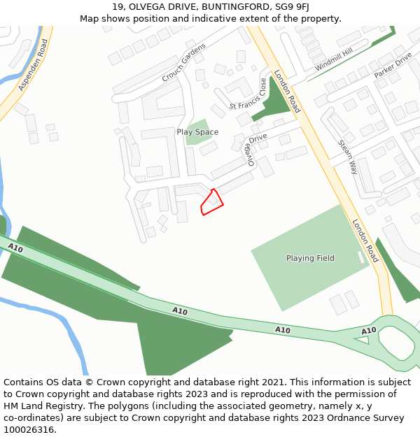 19, OLVEGA DRIVE, BUNTINGFORD, SG9 9FJ: Location map and indicative extent of plot