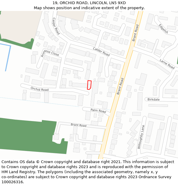 19, ORCHID ROAD, LINCOLN, LN5 9XD: Location map and indicative extent of plot