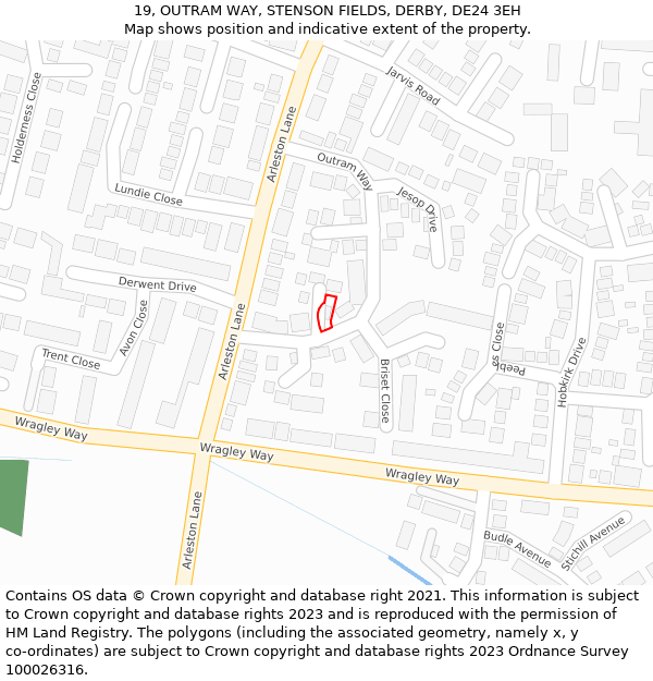 19, OUTRAM WAY, STENSON FIELDS, DERBY, DE24 3EH: Location map and indicative extent of plot