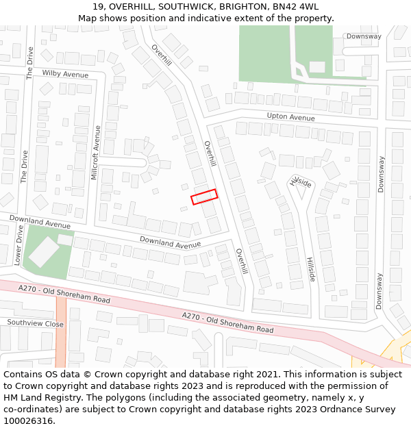 19, OVERHILL, SOUTHWICK, BRIGHTON, BN42 4WL: Location map and indicative extent of plot