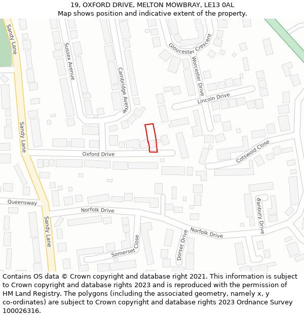 19, OXFORD DRIVE, MELTON MOWBRAY, LE13 0AL: Location map and indicative extent of plot