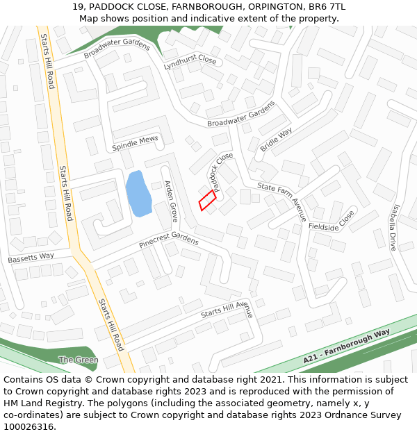 19, PADDOCK CLOSE, FARNBOROUGH, ORPINGTON, BR6 7TL: Location map and indicative extent of plot