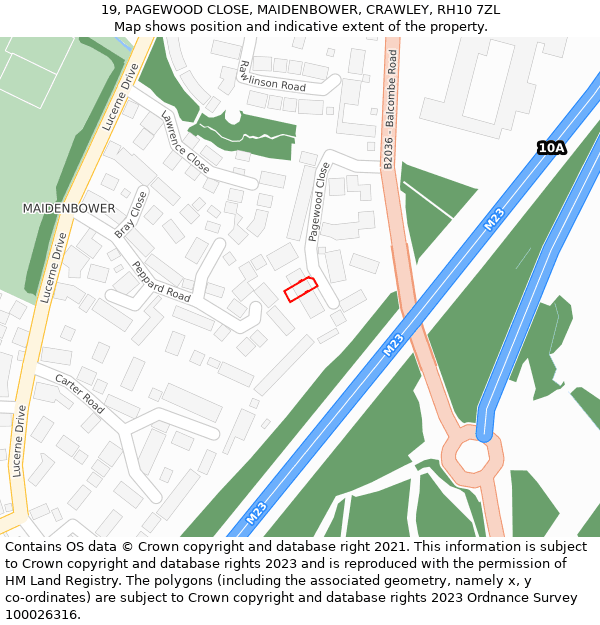 19, PAGEWOOD CLOSE, MAIDENBOWER, CRAWLEY, RH10 7ZL: Location map and indicative extent of plot