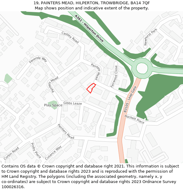 19, PAINTERS MEAD, HILPERTON, TROWBRIDGE, BA14 7QF: Location map and indicative extent of plot