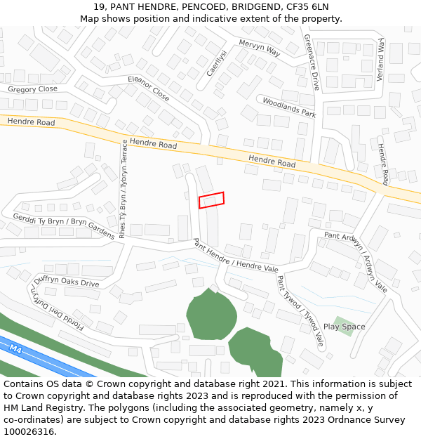 19, PANT HENDRE, PENCOED, BRIDGEND, CF35 6LN: Location map and indicative extent of plot