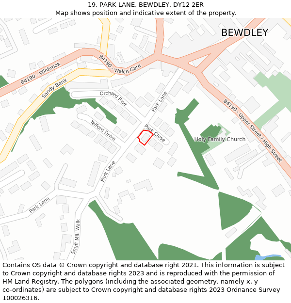 19, PARK LANE, BEWDLEY, DY12 2ER: Location map and indicative extent of plot
