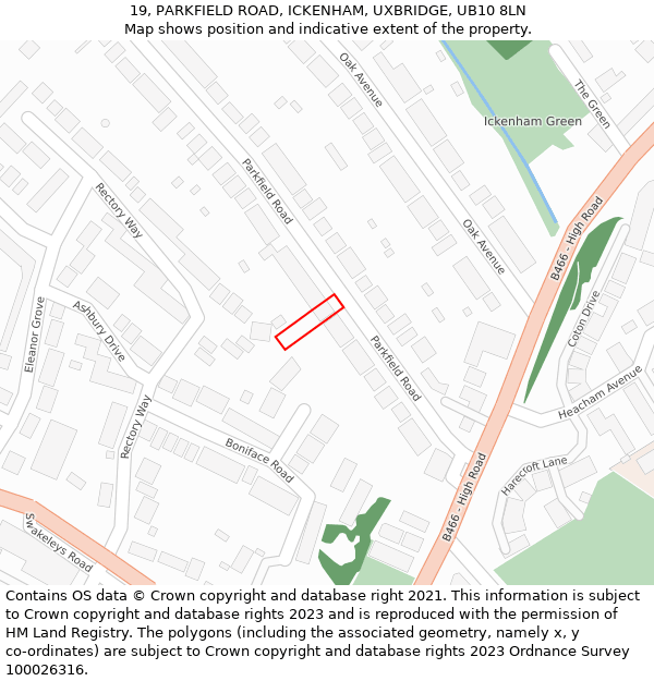 19, PARKFIELD ROAD, ICKENHAM, UXBRIDGE, UB10 8LN: Location map and indicative extent of plot