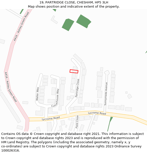 19, PARTRIDGE CLOSE, CHESHAM, HP5 3LH: Location map and indicative extent of plot