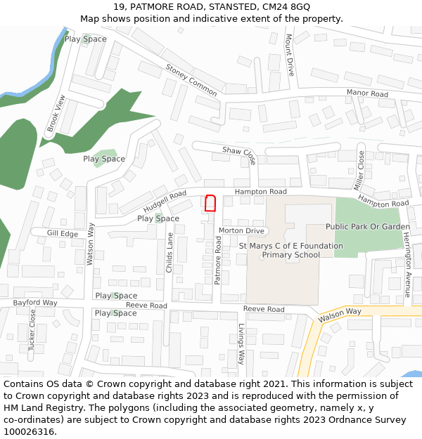 19, PATMORE ROAD, STANSTED, CM24 8GQ: Location map and indicative extent of plot
