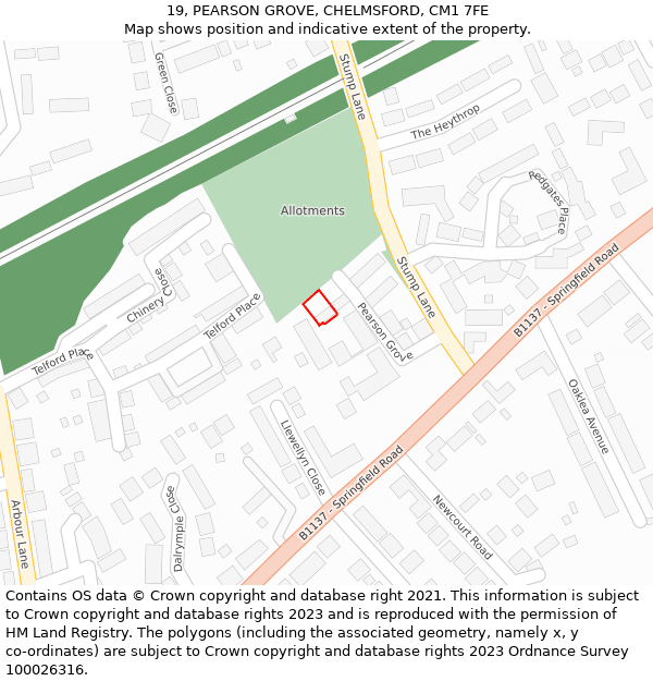 19, PEARSON GROVE, CHELMSFORD, CM1 7FE: Location map and indicative extent of plot