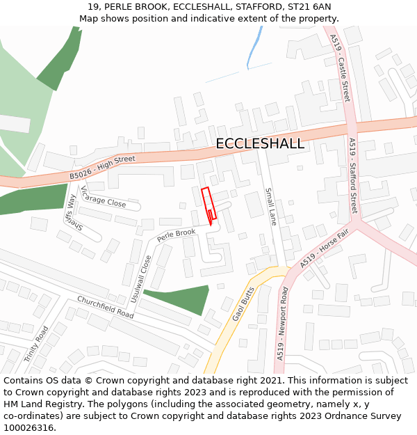 19, PERLE BROOK, ECCLESHALL, STAFFORD, ST21 6AN: Location map and indicative extent of plot